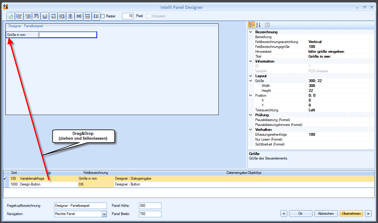 Drag and Drop im Intelli-Variants Panel Designer mit Eigenschaftseditor