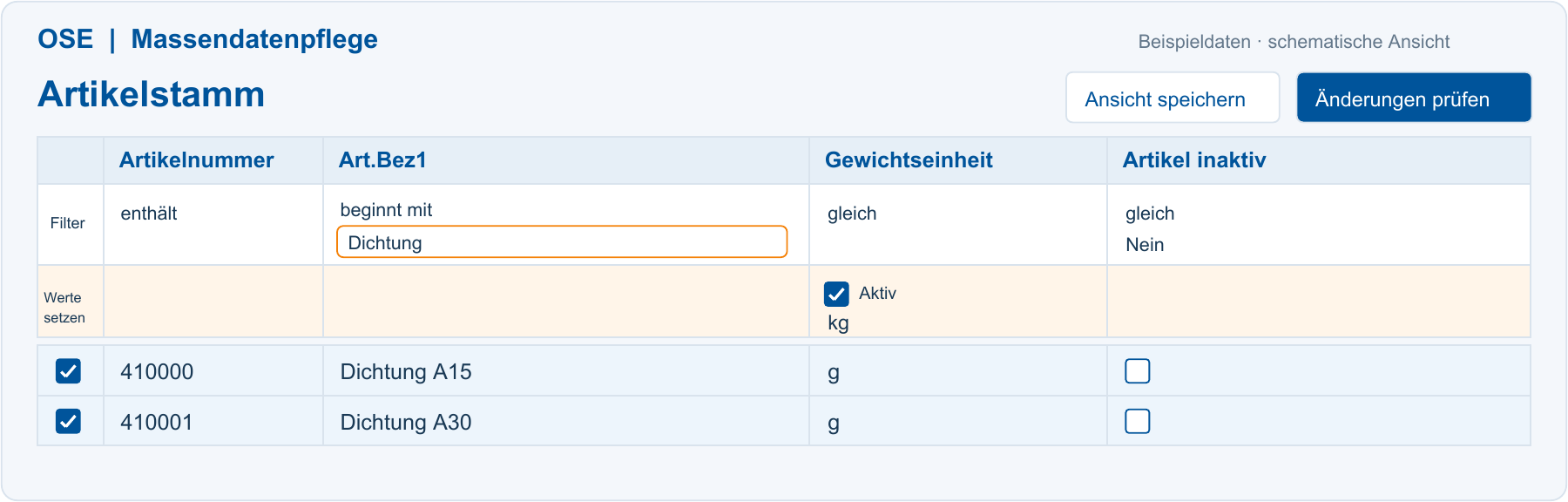 01  Artikel gezielt auswählen - schematische Dialogansicht mit Beispieldaten