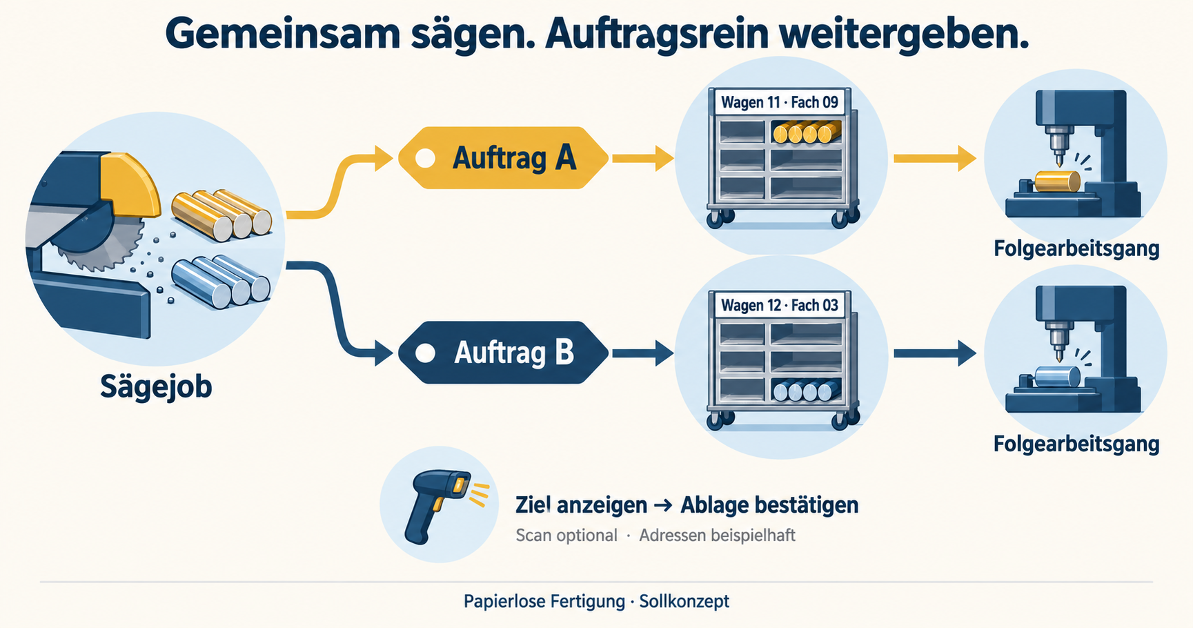 Teilmengen aus einem gemeinsamen Sägejob auftragsrein auf Wagen und Fächer verteilen
