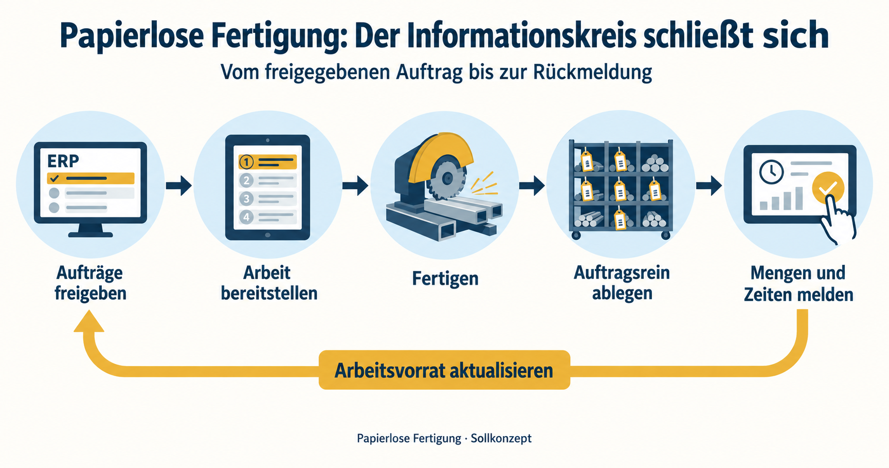 Vom freigegebenen ERP-Auftrag über den Sägearbeitsplatz und die Ablage zur Mengen- und Zeitrückmeldung