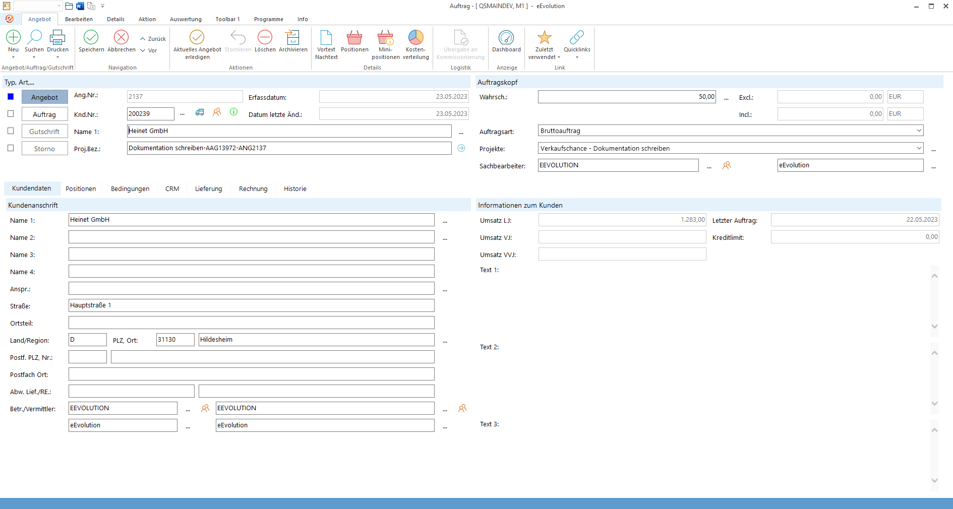 eEvolution ERP – Wie funktioniert „Manueller Termin für Angebot“ in eEvolution? – Schritt 1